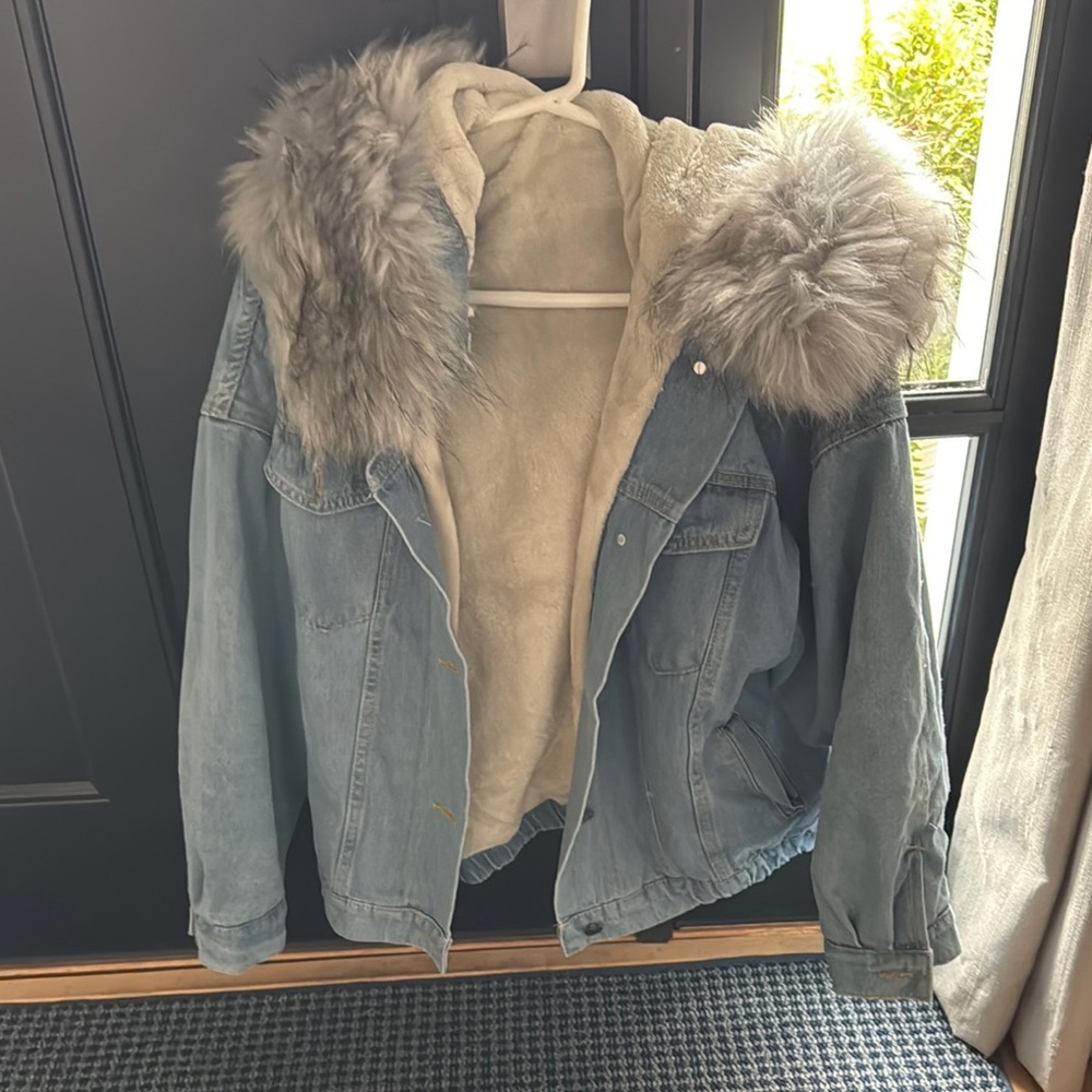 Denim Jean Jacket with Faux Fur Hood
